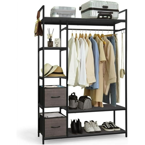 CAPHAUS 979lbs Capacity Garment Rack for Hanging Clothes, Heavy Duty Open Wardrobe w/Hanging Rods & Fabric Drawers, Free Standing Closet Organizer, Metal Closet, Closet Rack w/White Wooden Shelves