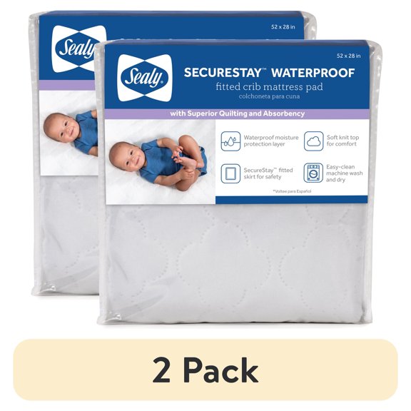 (2 pack) Sealy SecureStay Waterproof Crib Mattress Pad, Quilted Baby/Toddler Mattress Protector 52x28 White