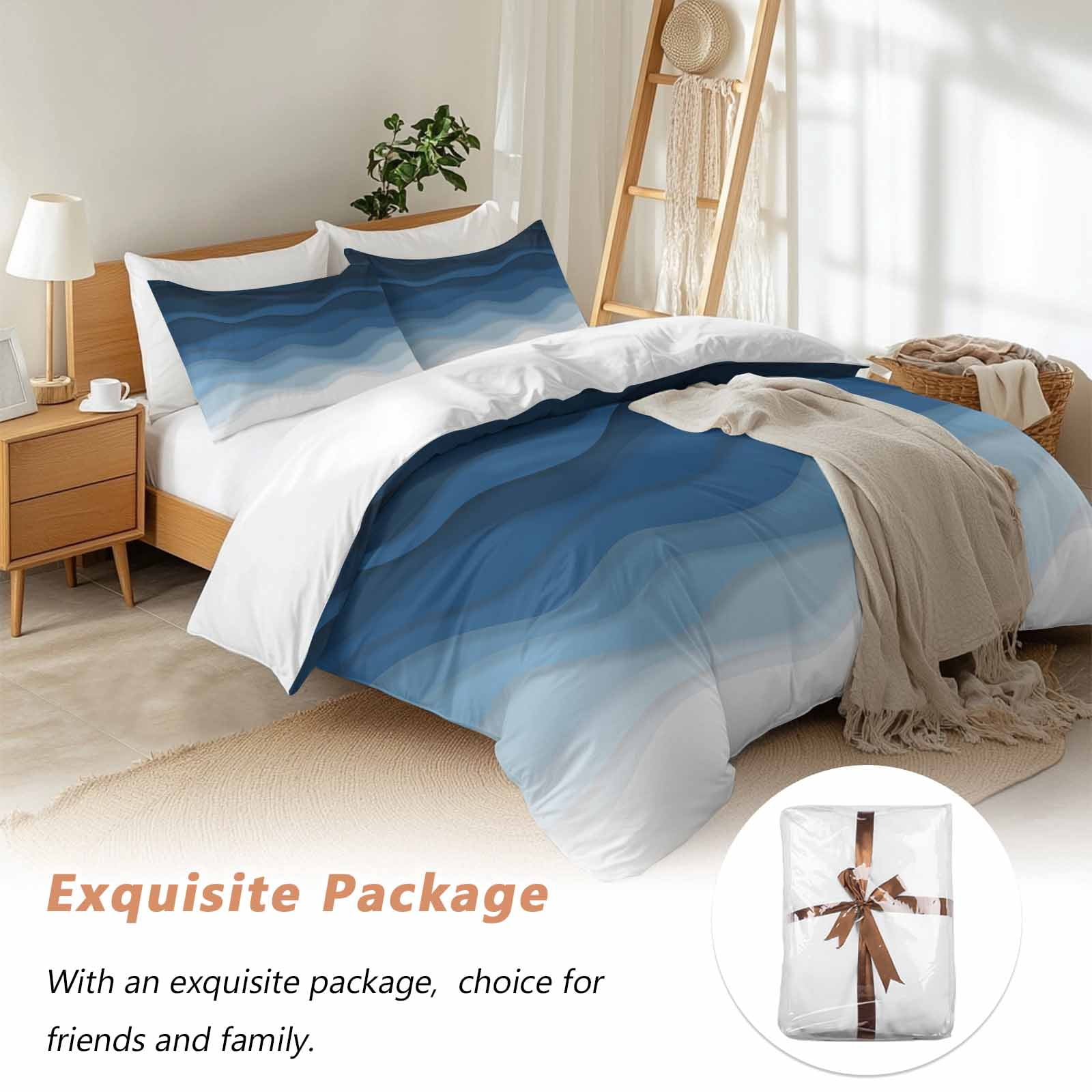 Navy Blue Ombre Bedding 3 Piece Duvet Cover Set Queen Size, Modern Moire Wave Gradient Soft Microfiber Comforter Cover with Zipper Closure & Pillowcases, Wrinkle & FadeResistant Quilt Cover