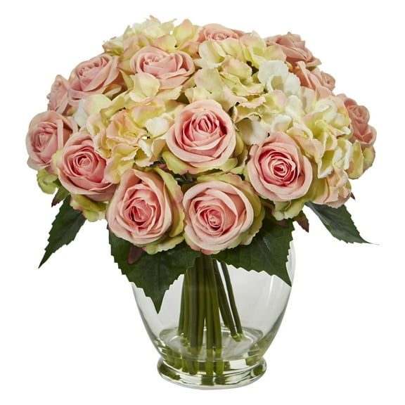 Nearly Natural Rose and Hydrangea Bouquet Artificial Flowers, Pink