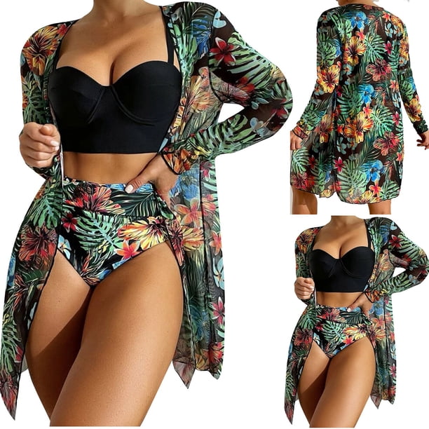Traje de baño de 2 piezas para mujer, trajes de baño para mujer, traje de baño de tres piezas con estampado de cintura alta y abertura de malla para mujer