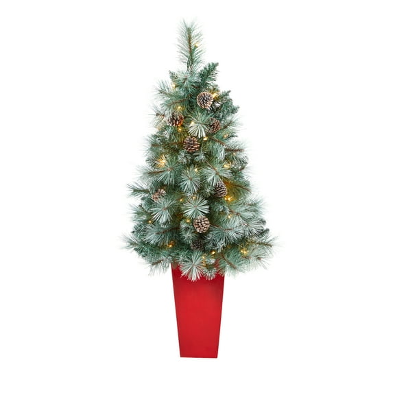 44in. Frosted Tip British Columbia Mountain Pine Artificial Christmas Tree with 50 Clear Lights, Pine Cones and 112 Bendable Branches in Red Tower Planter