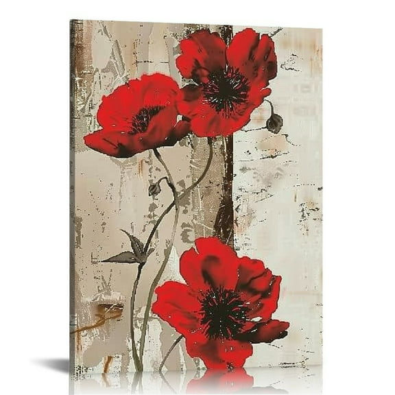 BACJUOPLDArt Red Poppy Wall Art Canvas Rustic Red Flower Pictures for Bathroom Farmhouse Poster Prints Red Poppies Print for Walls Vintage Wooden Painting for Kitchen Home Decor  12x16 in