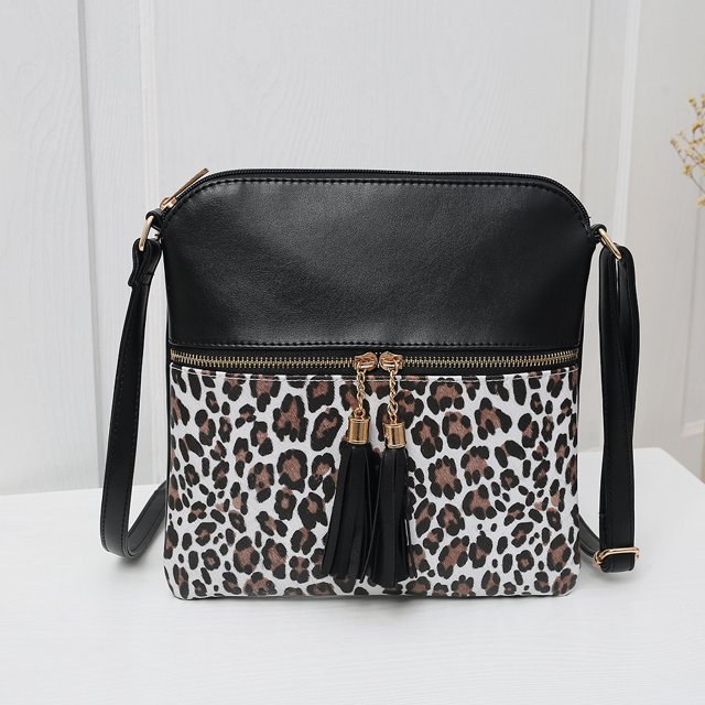 Bolso de mujer Bolso de mujer con borlas de leopardo en contraste de colores Bolso de mujer con borlas dobles colgantes para el hombro