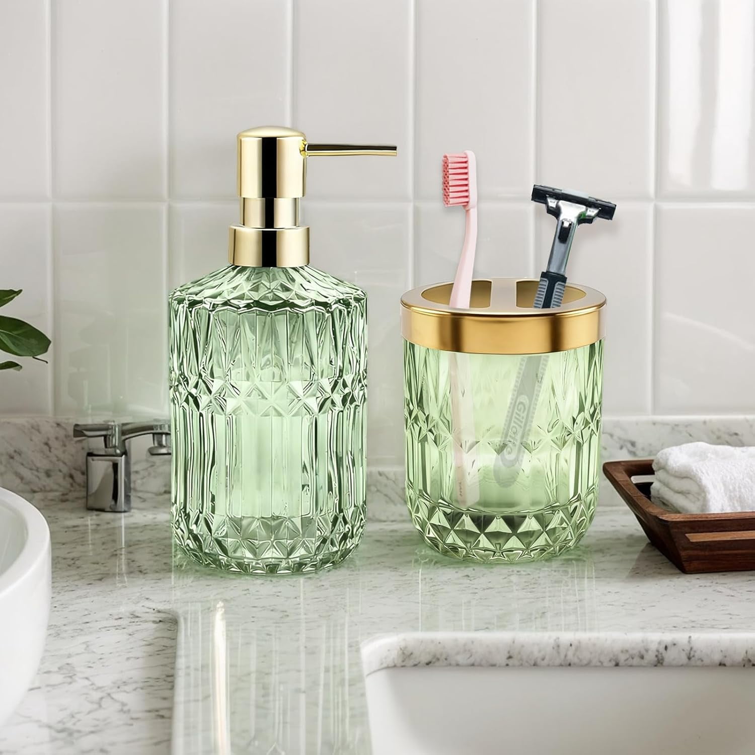 Bathroom Accessories Set, Glass Bathroom Accessories, Vintage Bathroom Countertop Decoration Includes Soap Dispenser, Toothbrush Holder