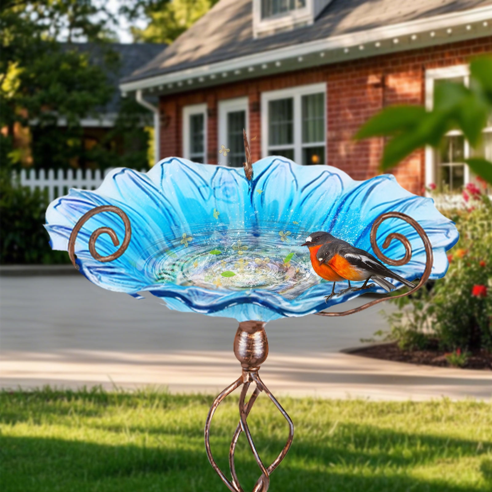 Bird Baths - Outdoors Sunflower Glass Birdbaths Outdoor Garden Birdfeeder with Metal Stake Bowl with Stake for Garden Yard Decor Blue