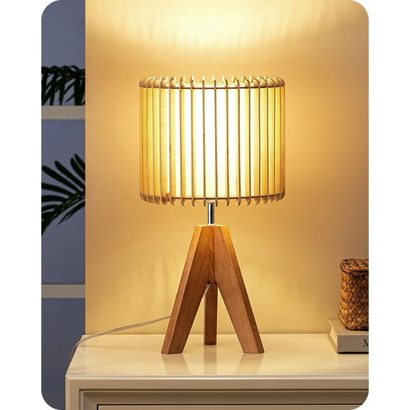 EDISHINE 14.17" Small Table Lamp, Wood-Colored Hollow Shade, E26 Base, Wood Tripod Bedside Lamp, Boho Nightstand Lamp for Bedroom, Living Room, Office, Study