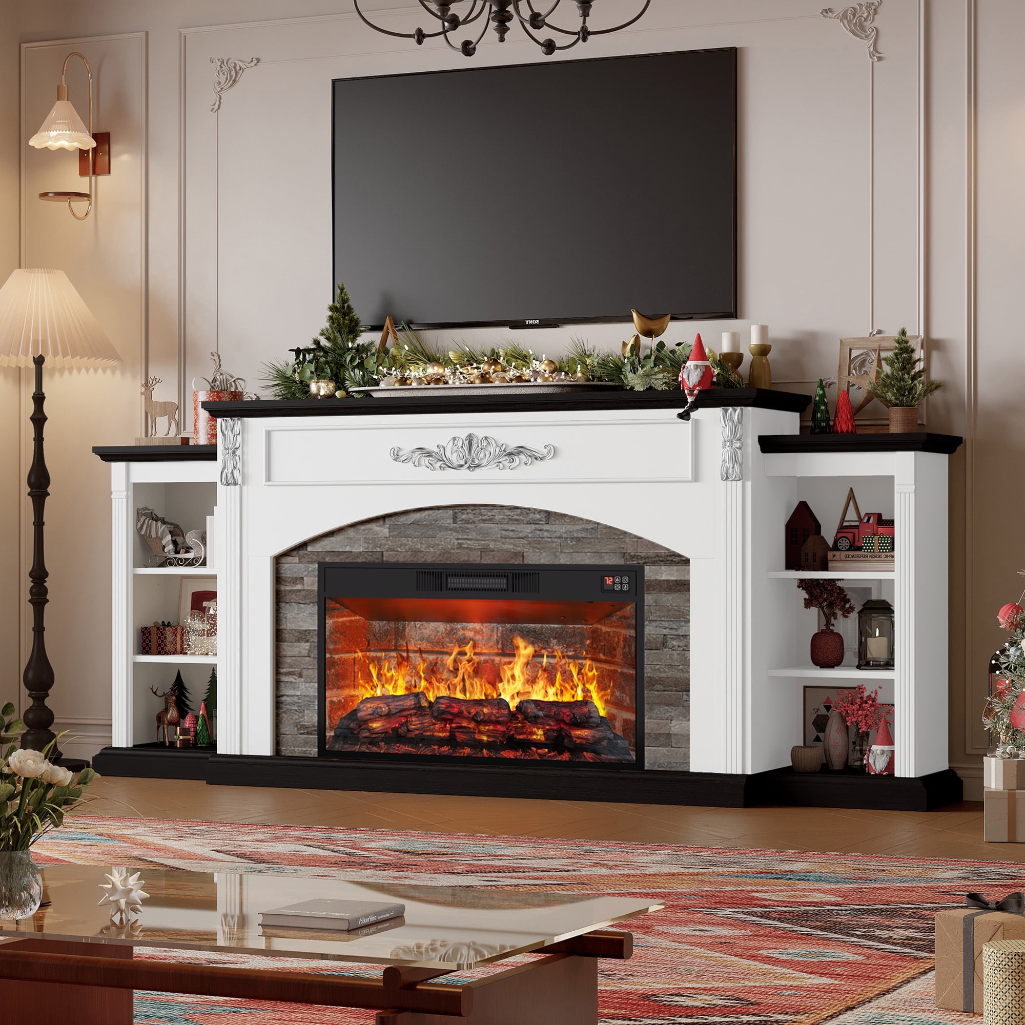 BOSHIRO 80" Electric Fireplace with Mantel and Cabinets, Fireplace TV Stand for Living Room Bedroom
