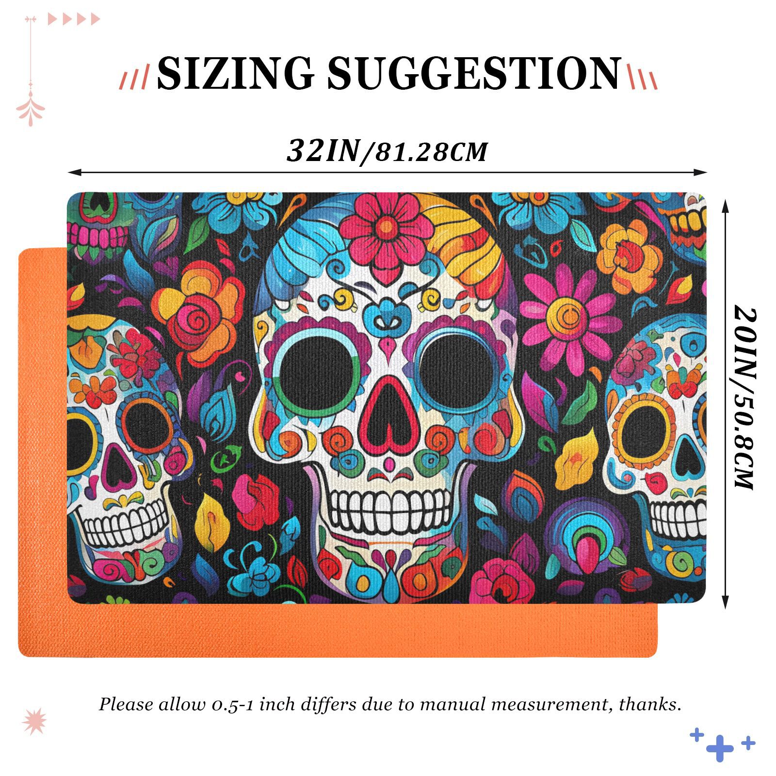 JSTEL Sugar Skull Day Of Dead Front Door Mat Outside Entrance 32x20 Inch Doormat for Outdoor Indoor Washable Non Slip Floor Mats