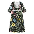 thumbnail image 5 of Karymi Floral Print V Neck Midi Dress, Hollow Out Cutout Trim 3/4 Sleeve Empire Waist Loose Flowy Casual Summer Vacation Sundress Wedding Guest Dresses for Women, 5 of 6