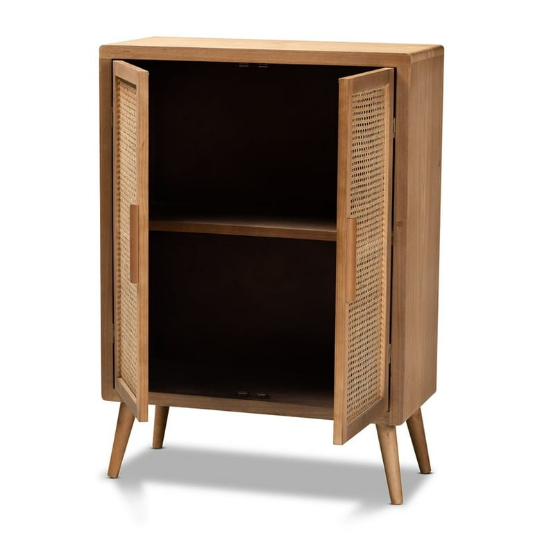 Alina Mid-Century Modern Medium Oak Finished Wood and Rattan 2-Door Accent  Storage Cabinet