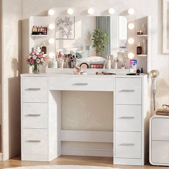 Homall Vanity Desk with Lights & Mirror, Makeup Vanity Set with Power Outlet & Storage Drawers Shelves for Bedroom, White