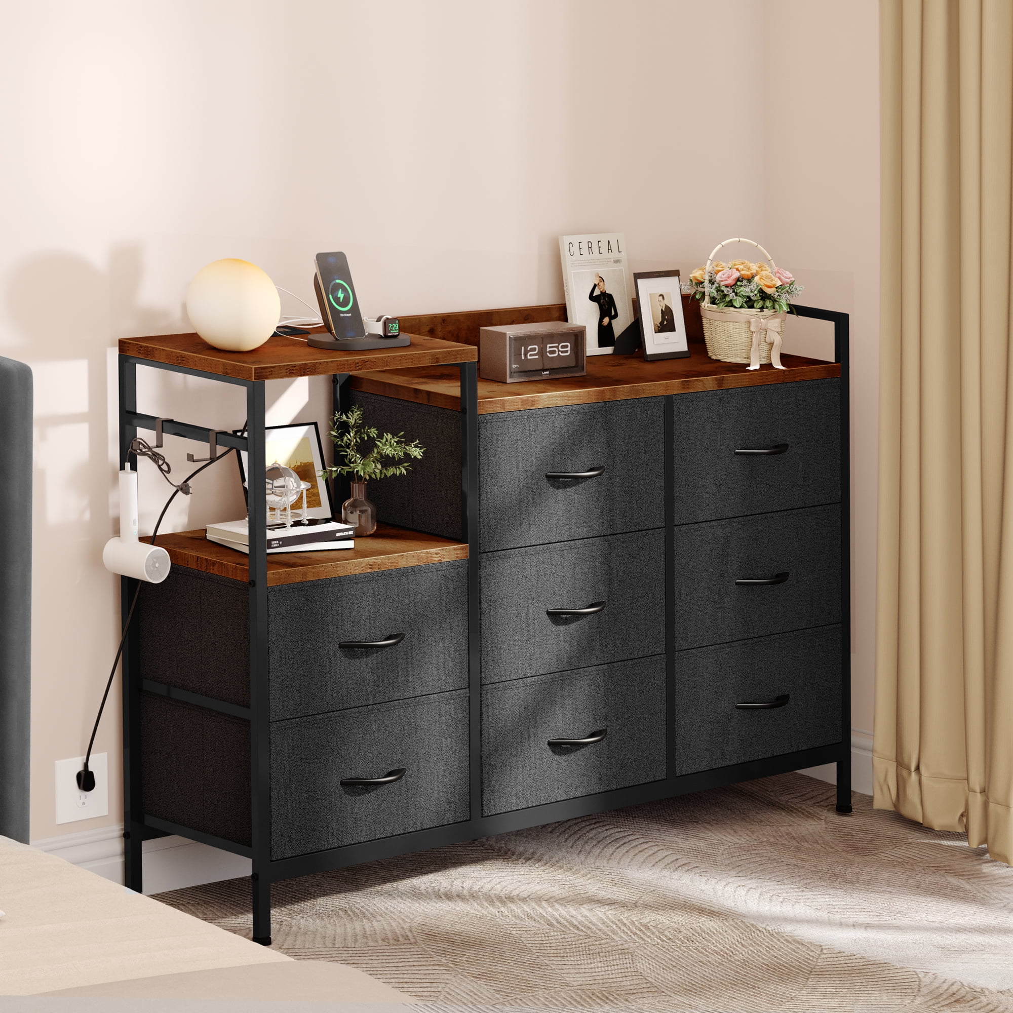 Dextrus Dresser with Charge Station,8 Drawers Dresser for Bedroom, Wide Black Dresser Fabric Dresser Chest of Drawers for Closet, Living Room, Hallway, Sturdy Steel Frame, Wooden Top (Dark Grey)