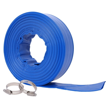 1-1/2"(Flat 2.6") widthx 50 FT Pool Backwash Hose, Blue Heavy Duty Reinforced PVC Lay Flat Water Discharge Hose for Swimming Pool Filter Pump,with 2 Clamp