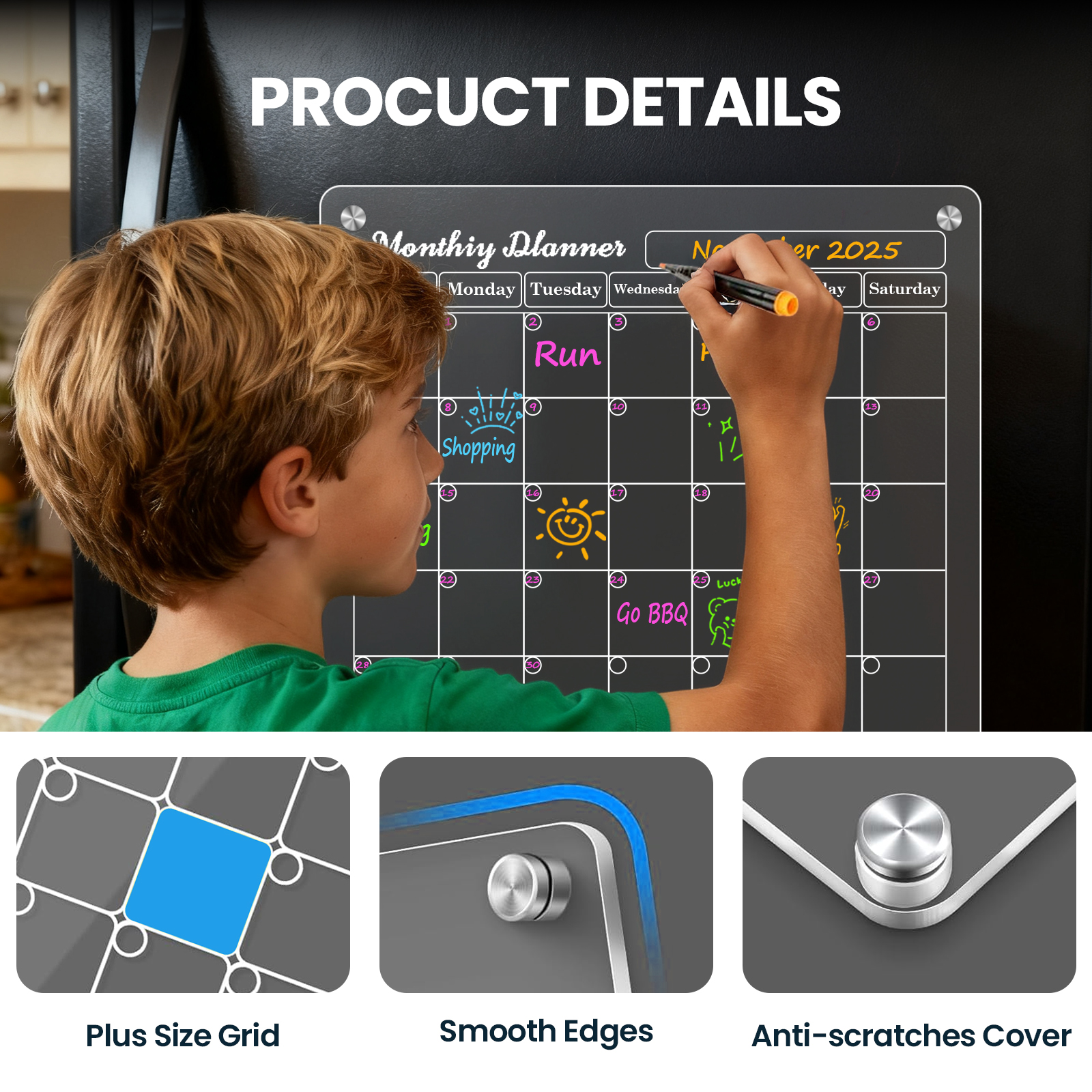 Acrylic Magnetic Calendar,4 Pack Dry Erase Calendar for Fridge,Planning Board Magnetic Weekly Monthly Daily with 6 Color Markers Towl