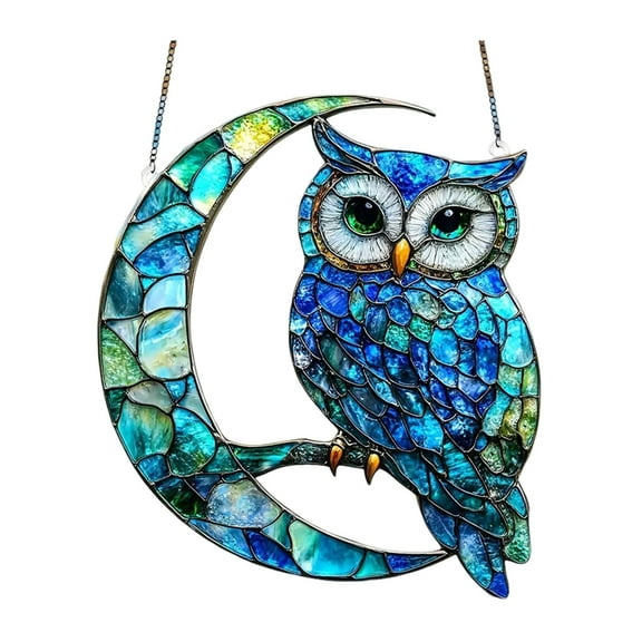 Eosunjian Sun Catcher Home Decor Nature-themed Sun Catcher Owl Design Stained Glass Sun Catcher Blue Green Window Hanging Ornament for Kitchen Baby Room or Home