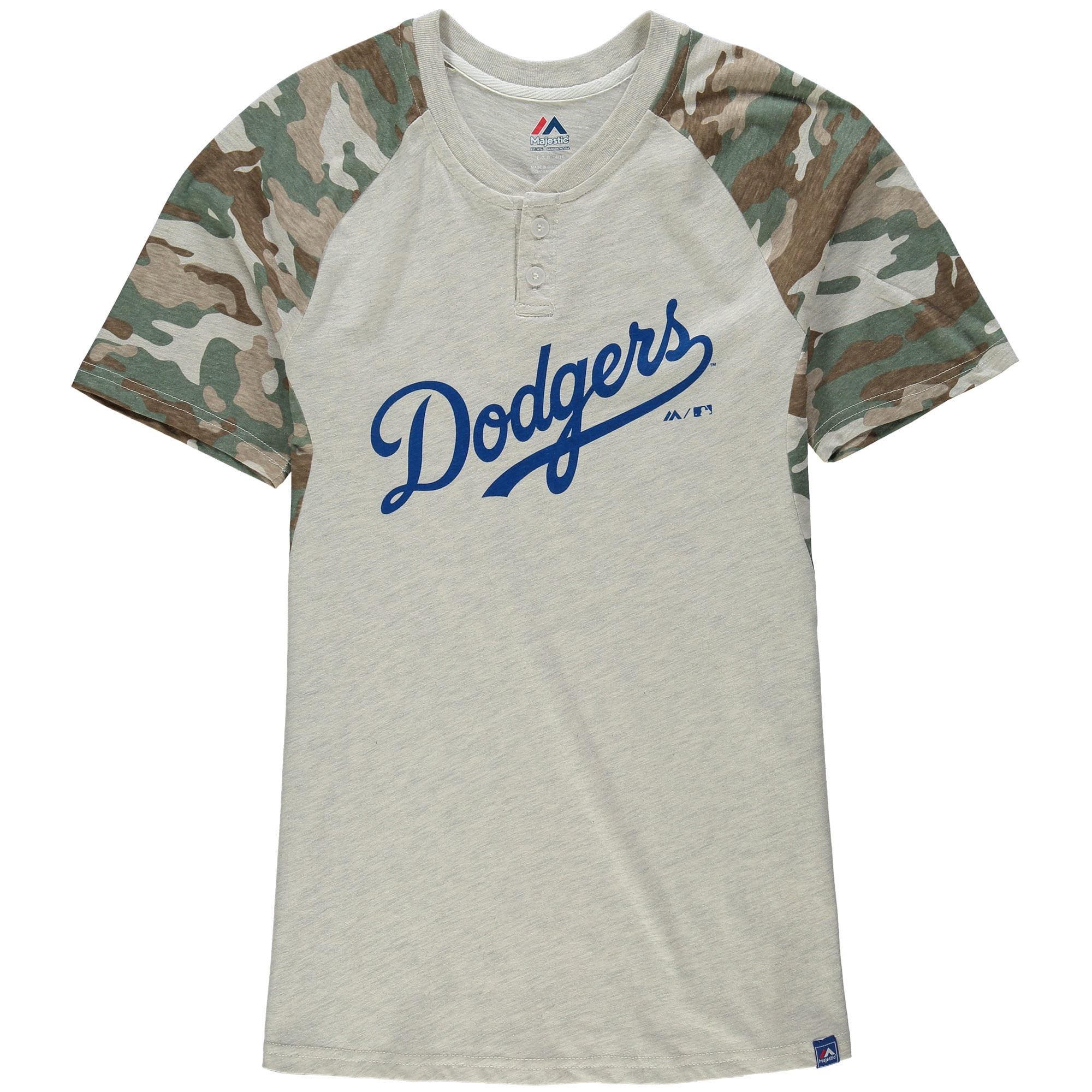 Los Angeles Dodgers Majestic Youth Base Stealer Henley T-Shirt Cream Camo by Outerstuff