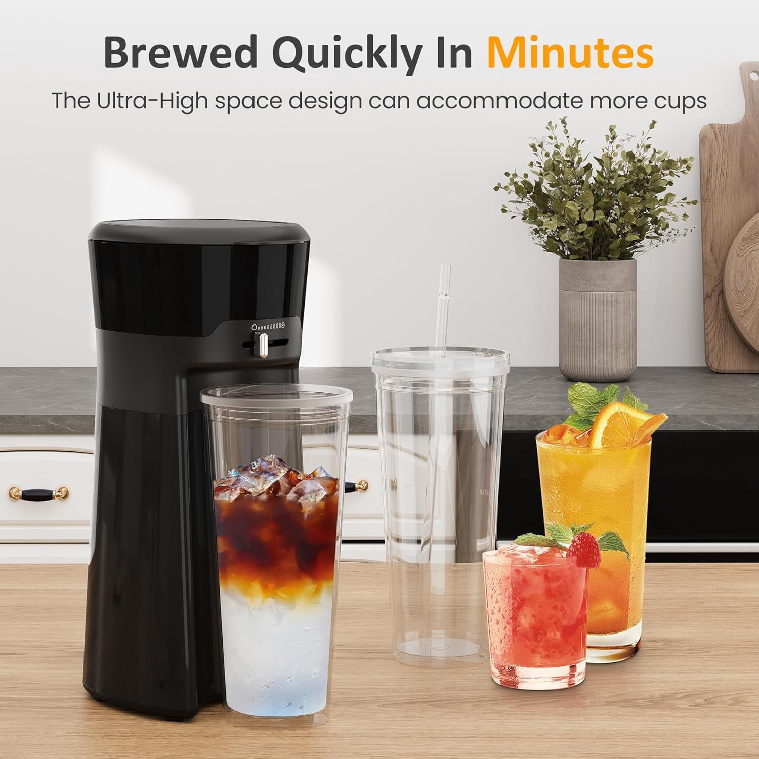 Superjoe Iced Coffee and Tea Maker with Reusable Coffee Filter and Portable 20oz Double Insulated Cups, Single Serve Machine for Home, Strength Control for Flavor, Black
