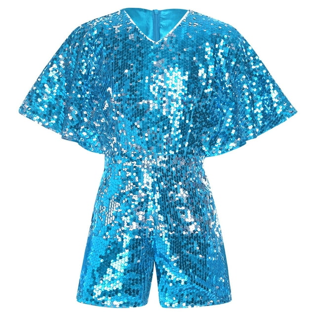 inlzdz Kids Girl's V Neck Sparkly Sequin Romper Pageant Prom Party Ruffled Shorts Jumpsuit One Piece Light Blue 14