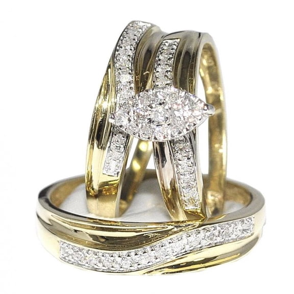Bluebell Jewels 3-Piece Gold Tone Marquise Shape CZ Wedding Ring Set Elegant Bands for Him & Her