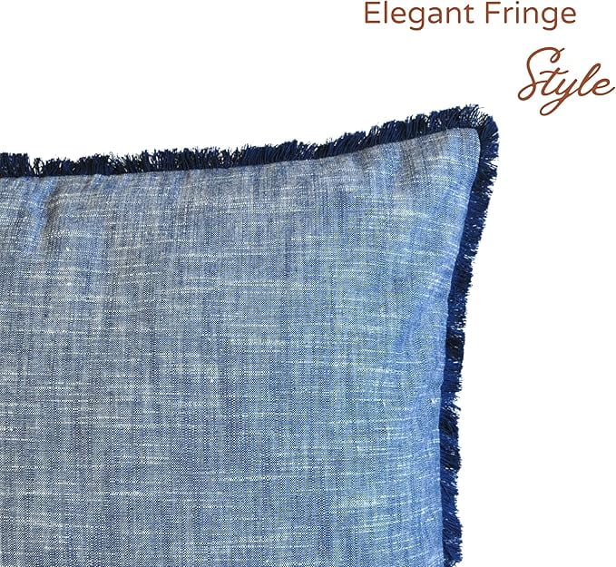 18×18 Blue Organic Cotton Throw Pillow Covers With Decorative Fringe Boho Farmhouse Cushion Cover with Tassels Linen Like Textured Accent Pillowcases for Bed Couch Chair Sofa Living Room, Set of 2