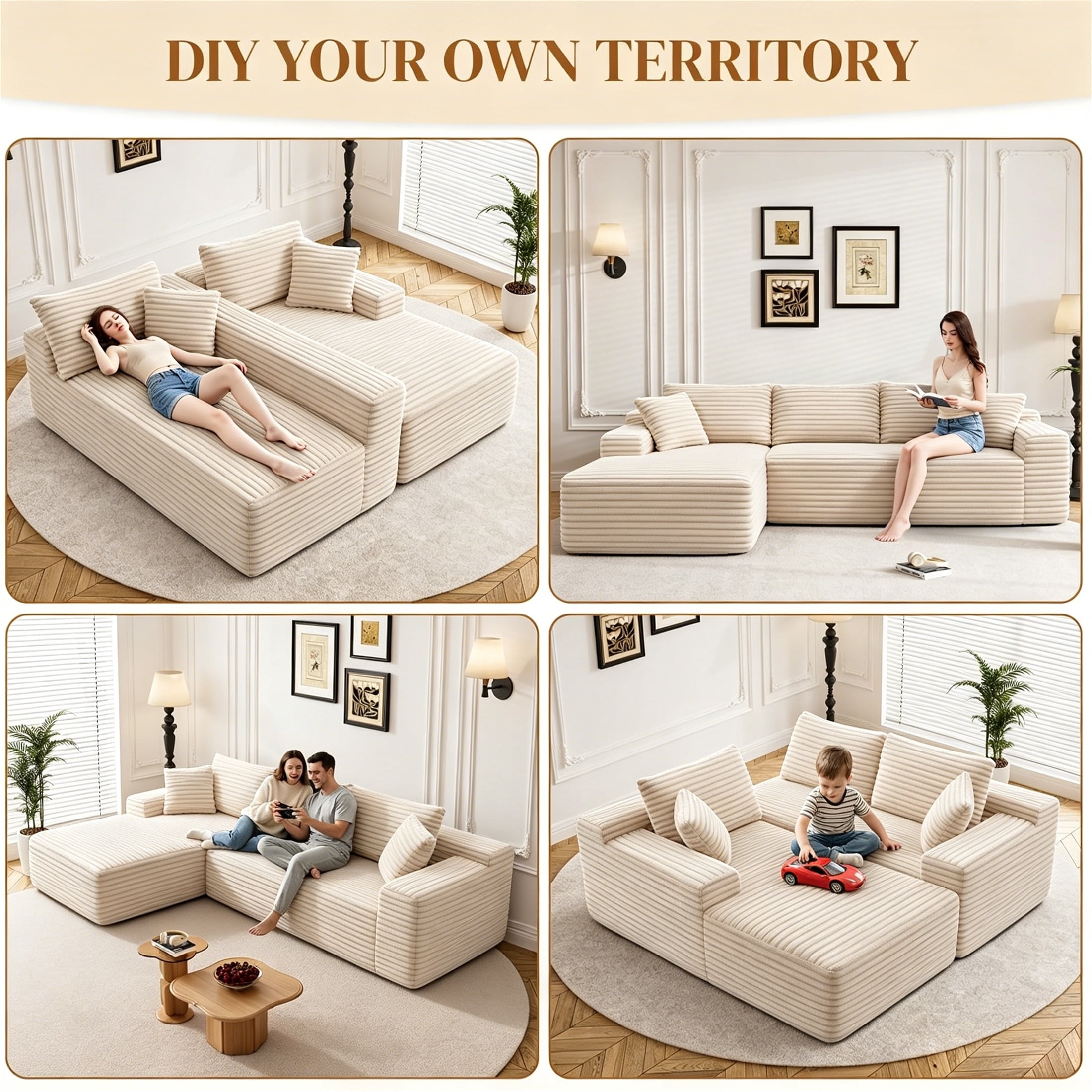 Aukfa 96" Cloud Sectional Sofa Deep Seat Boneless Couch Modular L-Shaped Couch, Left Chaise Corduroy Sofa for Living Room, Camel
