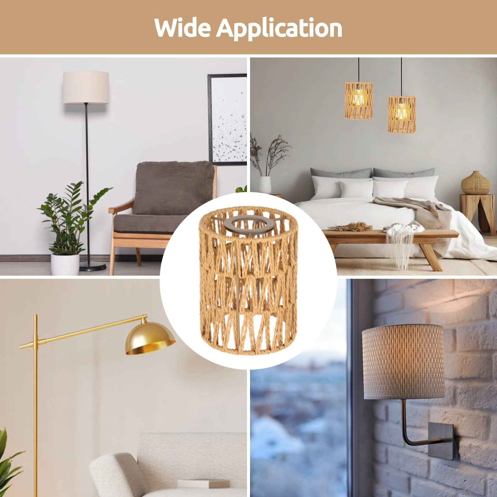 3 Pack E27 Rattan Lampshades – Handwoven Cylinder Lamp Shade, Bohemian Paper Rope & Metal Frame, Natural Wicker Replacement for Table Pendant & Wall Lights, 4.7" x 5.9"