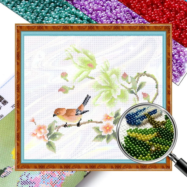 Kit Punto Cruz Flores Impresas Con Cuentas Bordado Parcial Arte para El 45x43cm