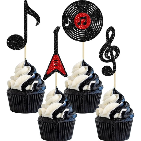 12Pcs Multicolor Glitter Rock Music Cupcake Toppers, Guitar Vinyl Themed Cake Picks for Rock 'n' Roll Party Supplies