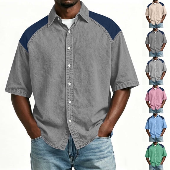 Big & Tall Men's Short Sleeve Button Down Shirts Casual Colorblock Lightweight Denim Look Workwear Tops for Daily Wear