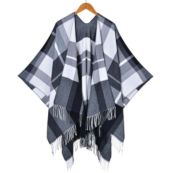 Gpaecead Unisex Scottish Plaid Cape - Classic Fringe Detail Oversized Shawl With Side Vents White