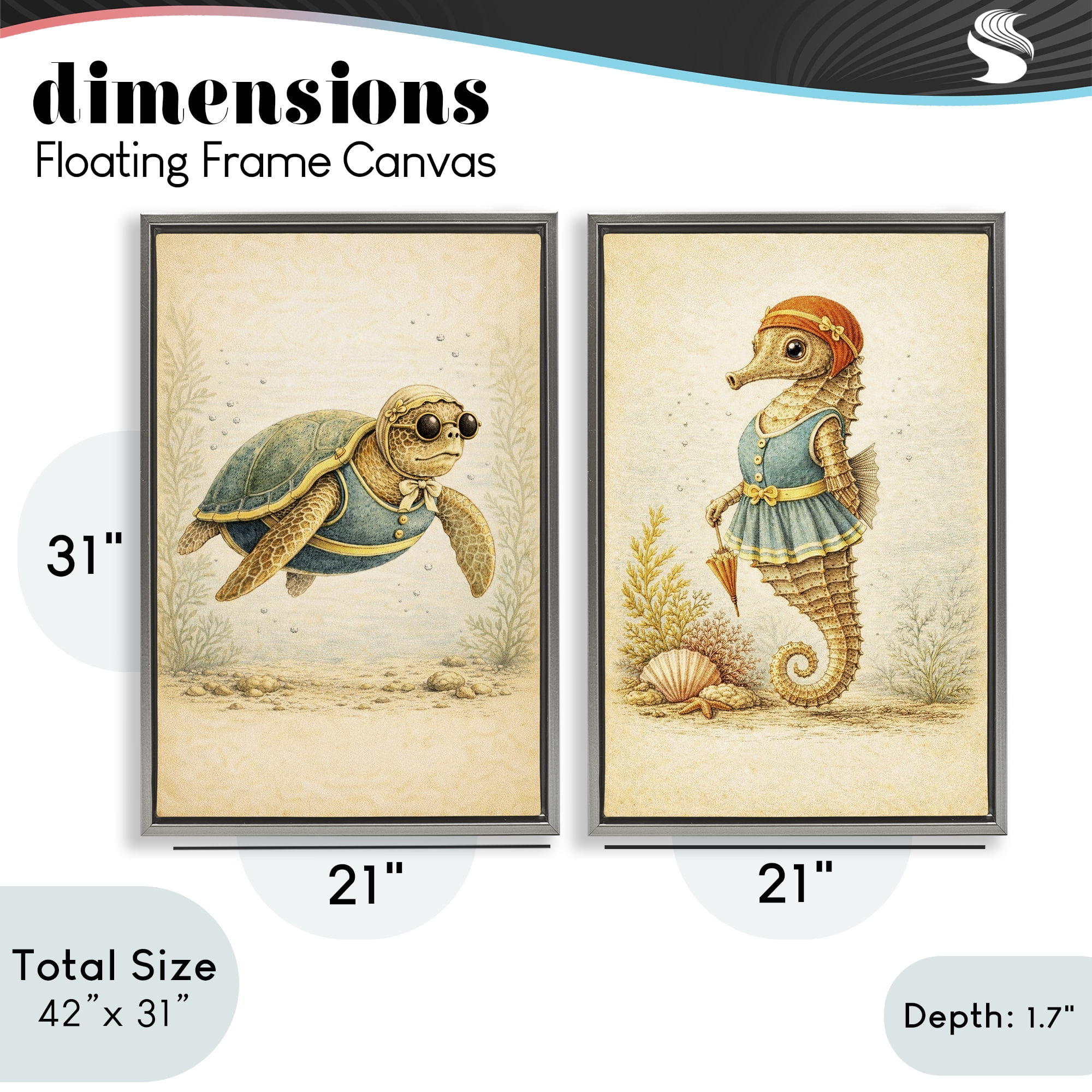 Stupell Industries Vintage Maritime Bathing Animals 2 Piece Gray Framed Floater Canvas Set, design by Grotto Studios