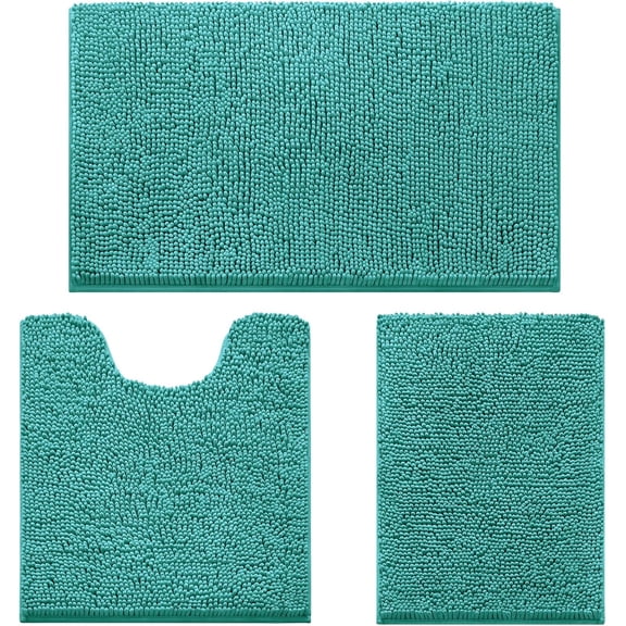 LKIFFA-3 Pieces Bathroom Rugs, Ultra Soft Non Slip Absorbent Chenille Toilet Bath Mat Set (Teal)