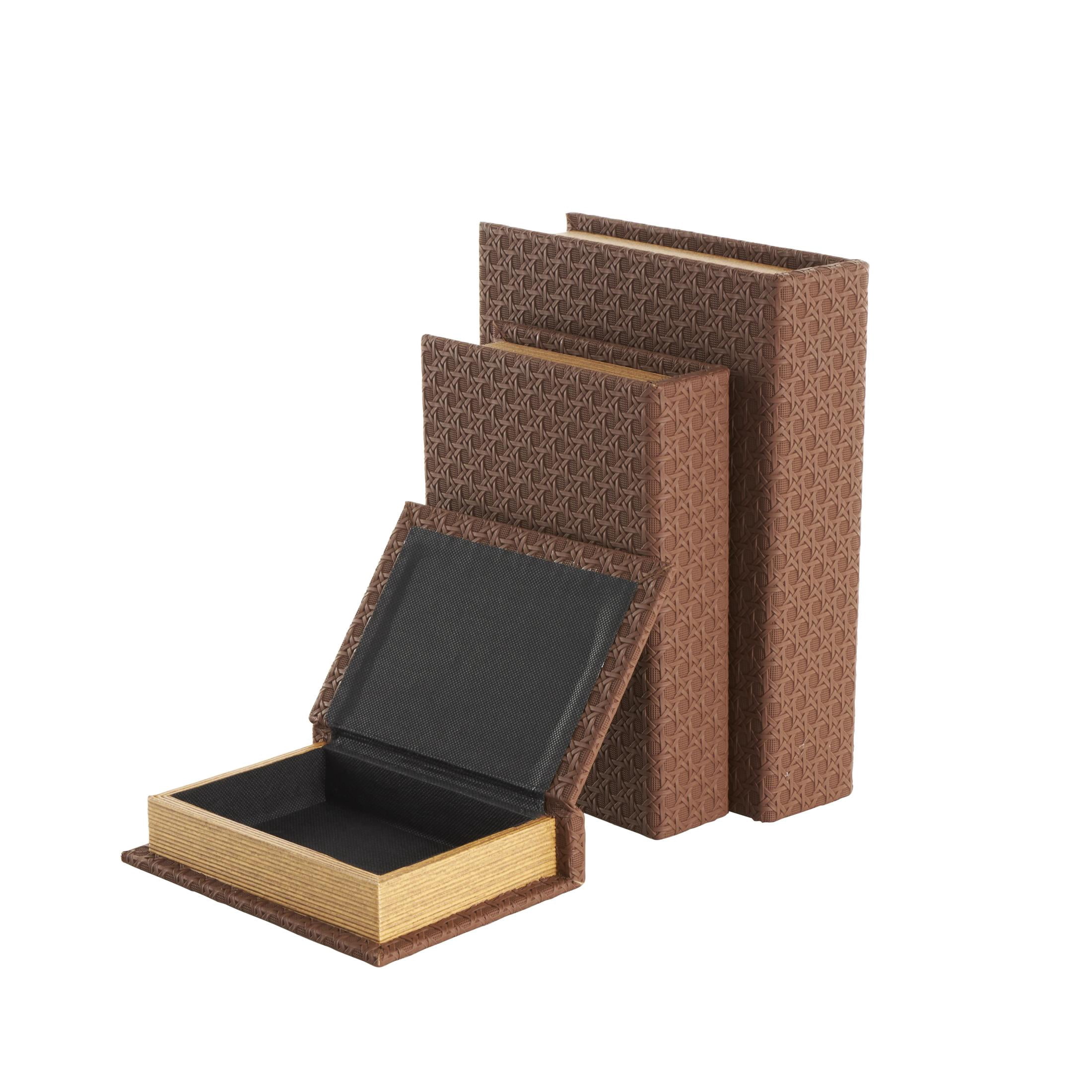 DecMode Woven Grid Faux Book Storage Brown Faux Leather Decorative Box, 3 Count