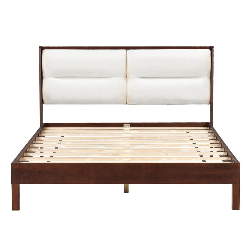 Wooden Queen Size Platform Bed with Velvet Upholstered Headboard, Low-Profile Bed Frame with Slat Support No Box Spring Needed