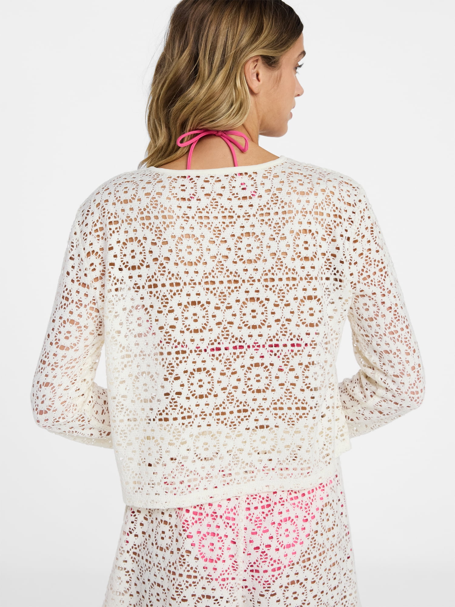 No Boundaries Crochet Coverup Top with Long Sleeves, Women's XXS-XXL