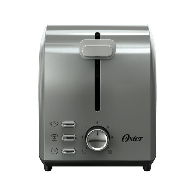 Oster 2-slice stainless steel toaster with extra wide slots, control buttons for bagel, defrost, cancel functions, and browning level dial.