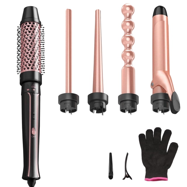 Varita Rizadora,5 en 1 Varita Rizadora Set,con Cepillo Rizador y 4 Varillas Rizadoras de Cerámica Intercambiables (0.5 a 1.25 pulgadas),Calentamiento Instantáneo,Rizador de Doble Voltaje