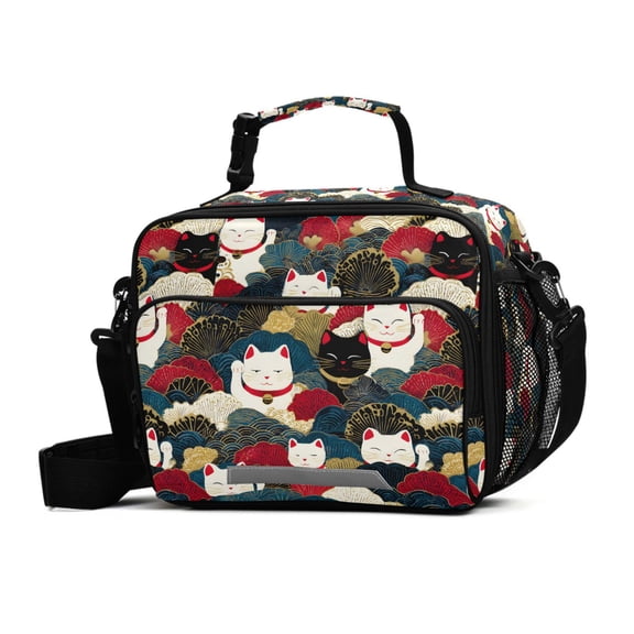 FORMRS Student Insulated Lunch Bag with Shoulder Strap Reusable Cooler Box for School, White Lucky Cat