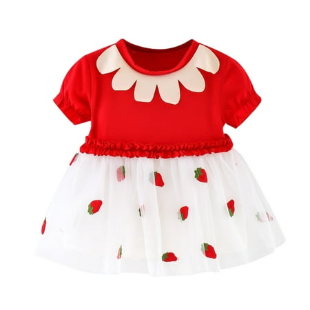 

GWAABD Big Girls Dress Red Cotton Blend Baby Girls 6M-3Y Short Sleeve Ruffles Strawberry Printed Tulle Princess Dress 90