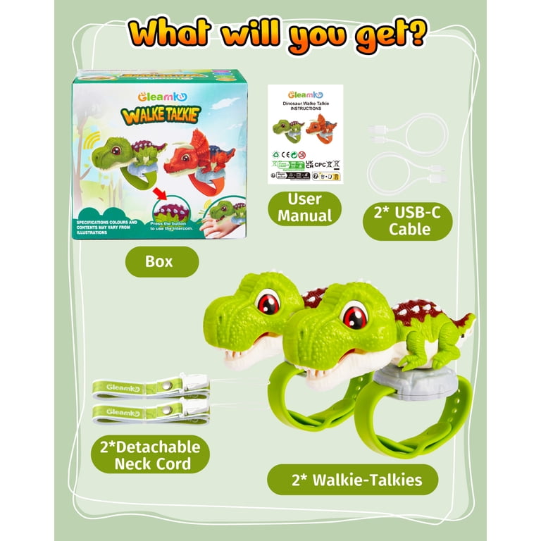 Walkie Talkies Enfants Dinosaure - Portée 1km, 3 Canaux, Bracelet Réglable 3-12 Ans