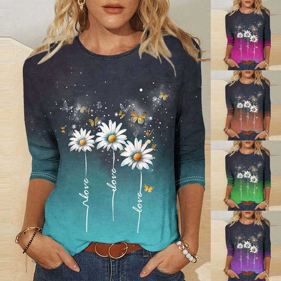 Jsaierl Women's 3/4 Sleeve Tops Plus Size Crew Neck Shirts Boho Graphic Ladies Blouses Work Vacation T-shirts Top S-5XL