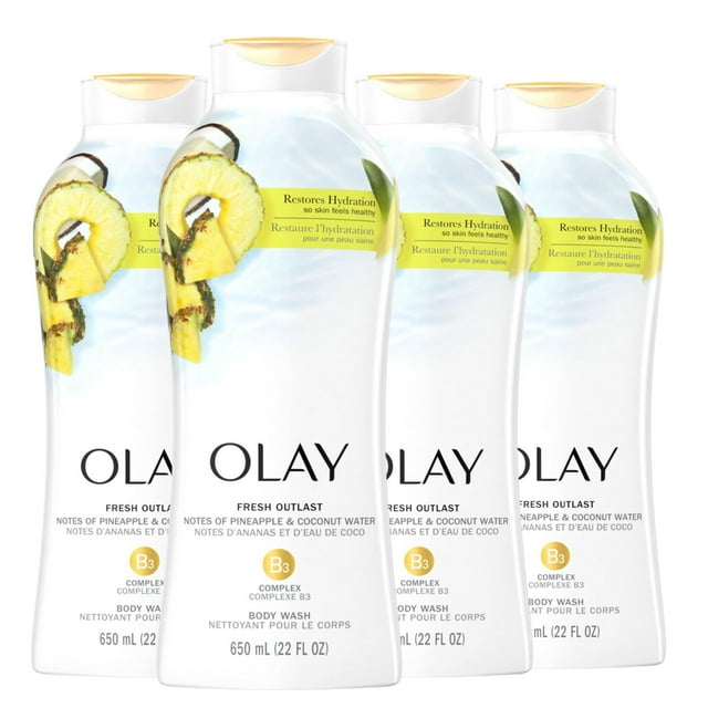 Gel de baño Olay Fresh Outlast, rejuvenecedor, piña y coco, 650 ml x 4