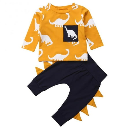 Baby Boys Long Sleeve Dinosaur T-shirt Top and Dinosaur Horns Pants Outfit Set 6-12M