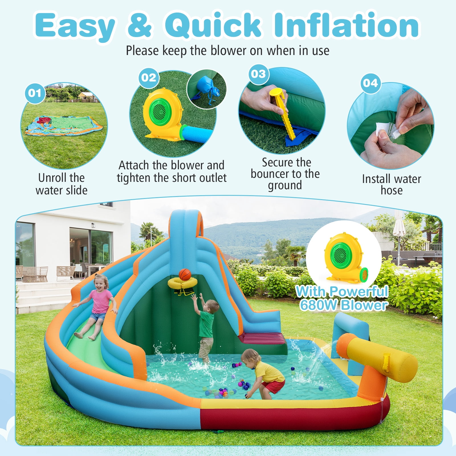 Gymax 6-in-1 Inflatable Water Slide Park w/Long Slide Climbing Wall 680W Blower