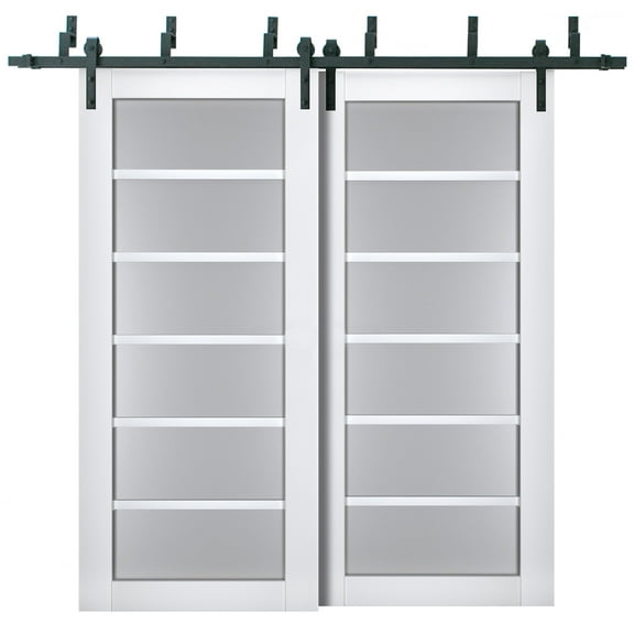 Sliding Closet Barn Bypass Doors with Frosted Glass | Veregio 7602 White Silk | Sturdy 6.6ft Rails Hardware Set | Wood Solid Bedroom Wardrobe Doors -36" x 96" (2* 18x96)