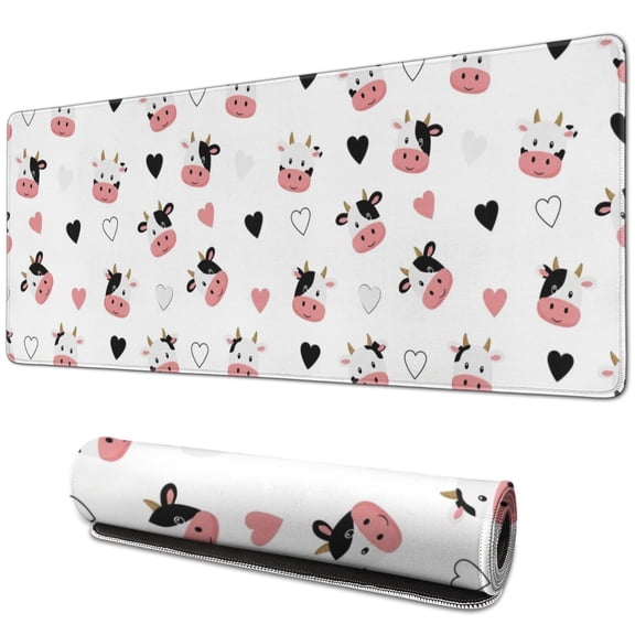 Long Mouse Pads for Desk,White Cow Heart Pattern Desk Mats on Top Of Desks, Desk Mouse Pad Extra Large with 3mm Non-Slip Base and Stitched Edge for Gaming,Office,Work,Home 31.5"x11.8"