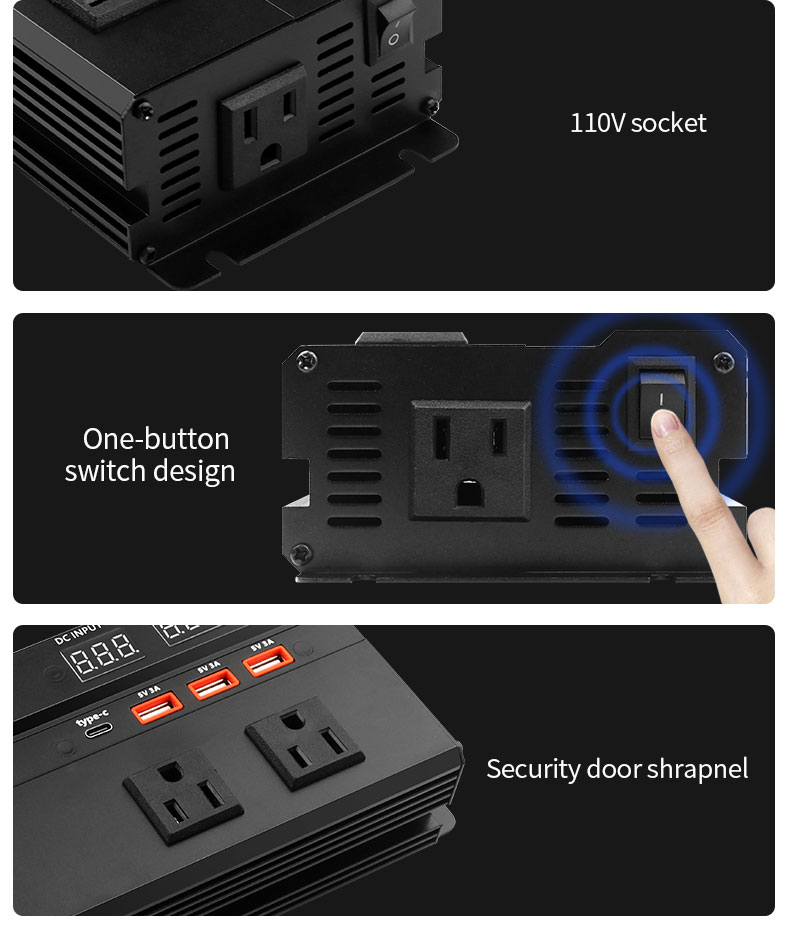 JahyElec 2000W Pure Sine Wave Power Inverter Universal DC 12V/24V to AC 110V 2-in-1 with LED Display 1Type-C 3 USB Ports
