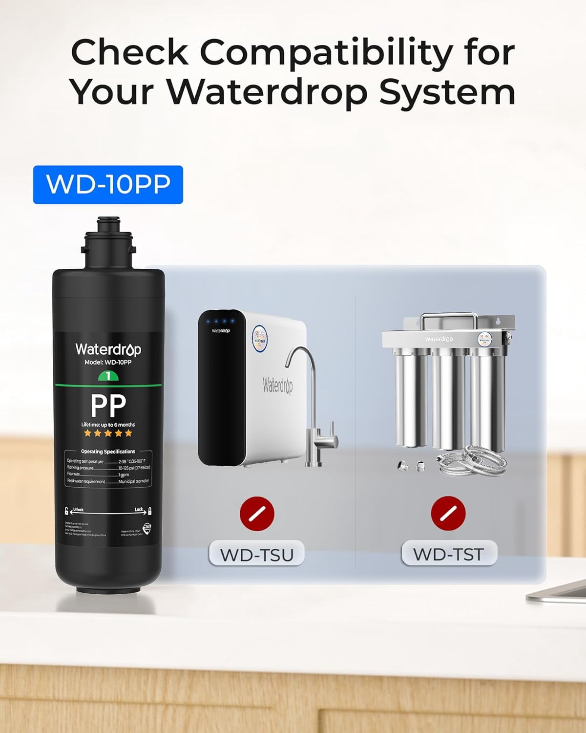 Waterdrop WD-10PP Under Sink Water Filter, Replacement TSA & TSB 3-Stage Under Sink Water Filter System