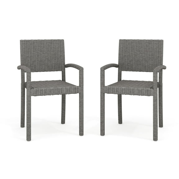 Martha Stewart Set of 2 Indoor-Outdoor Stackable Patio Dining Armchairs in Gray Rattan Wicker